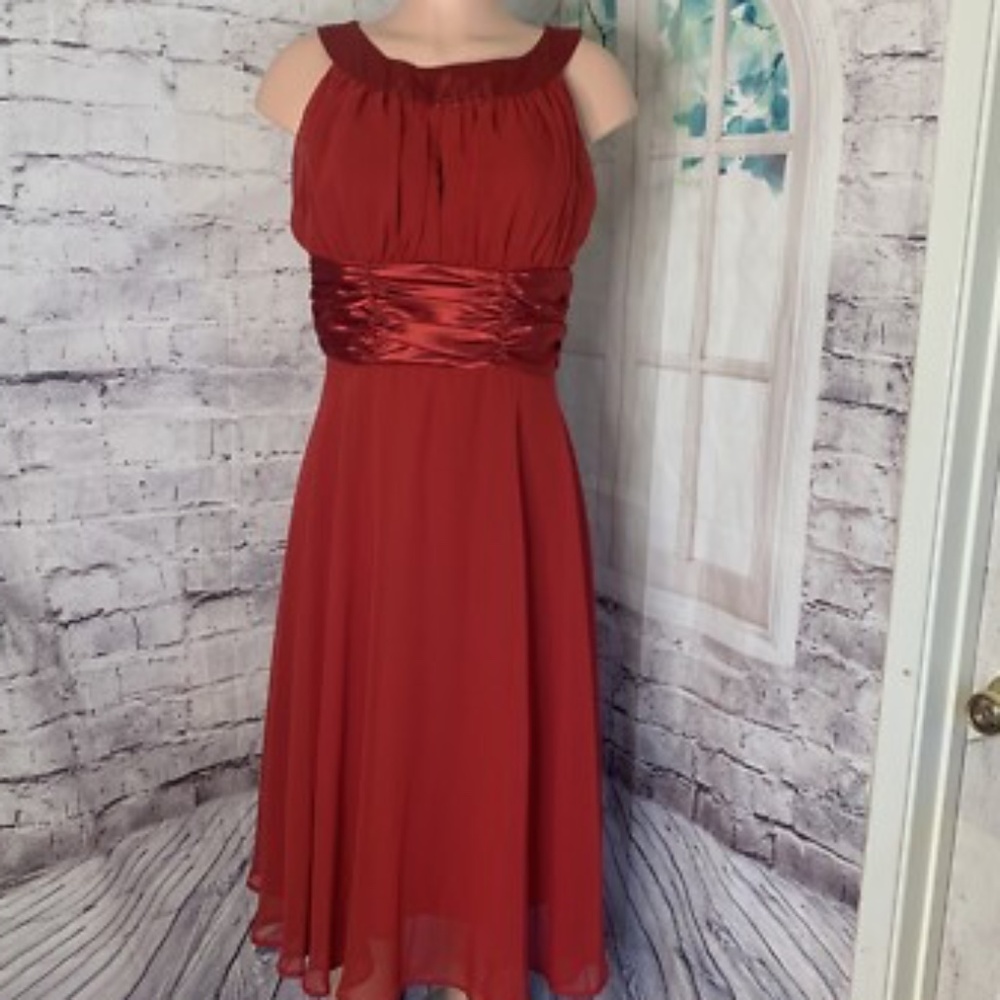 Connected Apparel shirred red chiffon midi dress Sz 10 satin trim sleeveless